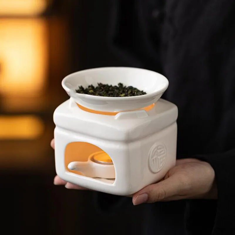 White Porcelain Blessing Writing Essential Oil Furnance Candle Holder Aroma Burner Heat Tea Censer for Indoor Home Decor