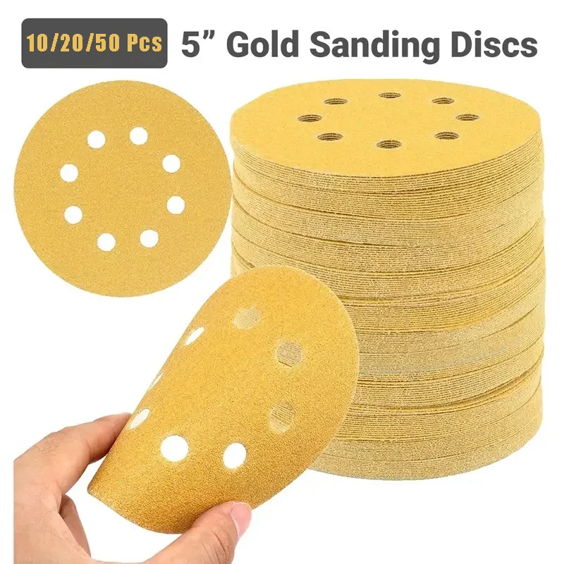 10/20/50 Pcs Yellow Sanding Discs Assorted Grits 5Inch 8 Holes Sanding Disc Abrasive Tools Hook Loop Sandpaper Loop Sanding Disc