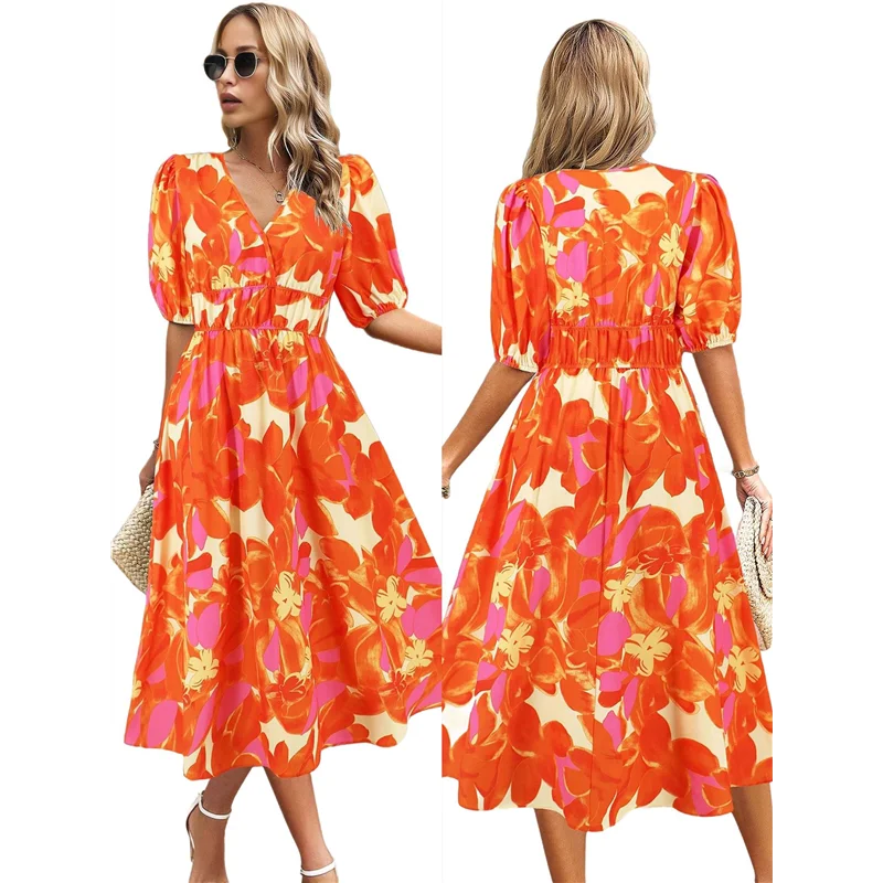 

ABRT-Women's V Neck Floral Dress Summer 2025 Trendy Pleated Boho Flowy Puff Sleeve Maxi Dress