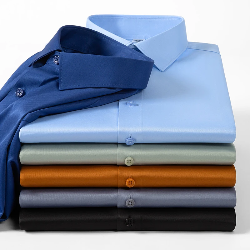 2023 short Sleeve Elastic Male Formal Solid Regular Fit Business Men Dress Shirts without Front Pocket Stretch