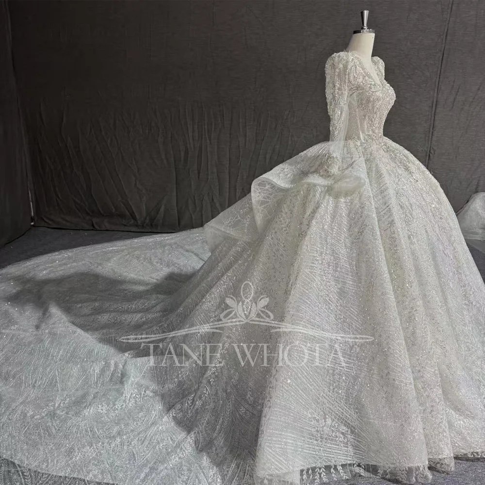 Luxury V-Neck Long Sleeve Wedding Dress Beaded Crystal Sequined Lace Up Keyhole Back Customizable Gown For Brides