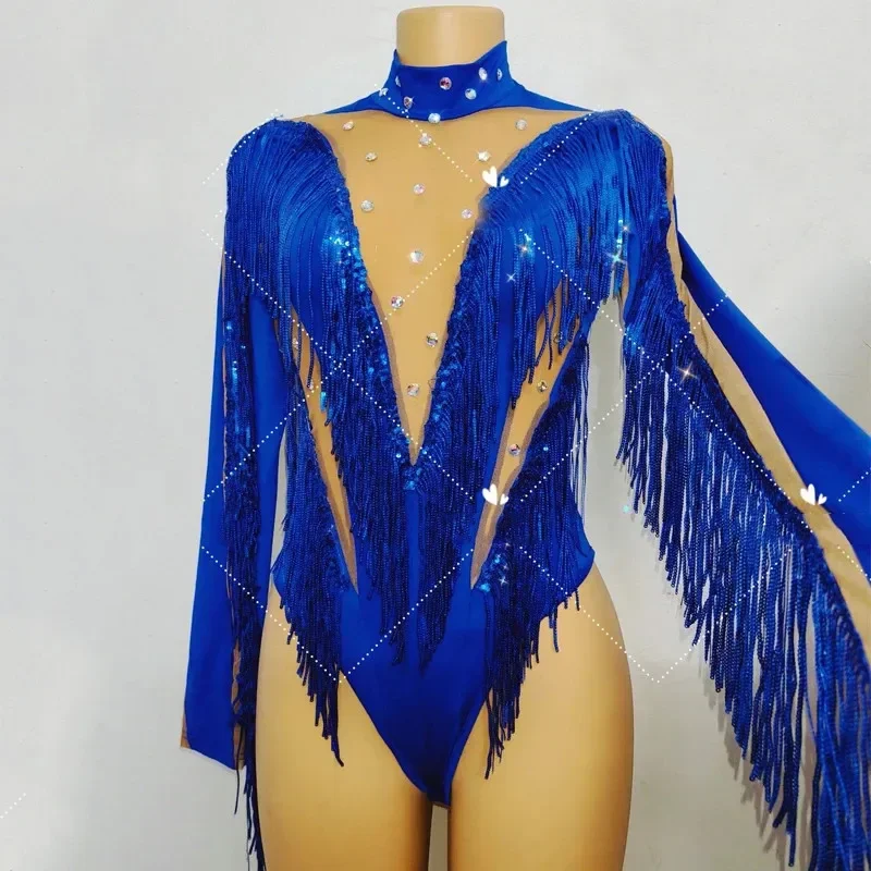 الأزرق الترتر شرابة ارتداءها مثير اللاتينية القطب الرقص الجوارب النساء راقصة المغني DJ ملهى ليلي المرحلة ارتداء فريق الأداء زي