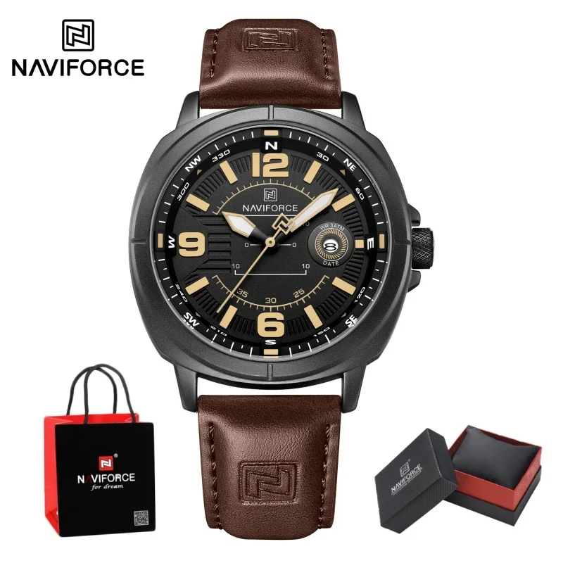 

NAVIFORCE New Male Wristwatch Gift Box Quartz Calendar PU Band Calendar High Quarlity 30M Waterproof Business Man's Watch NF8078