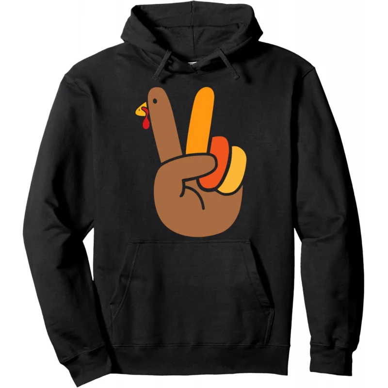 

Men's and Women's Sports and Leisure New Fashionable Loose Long Sleeves Fun Thanksgiving Peace Gestures and Turkey Hoodies Black