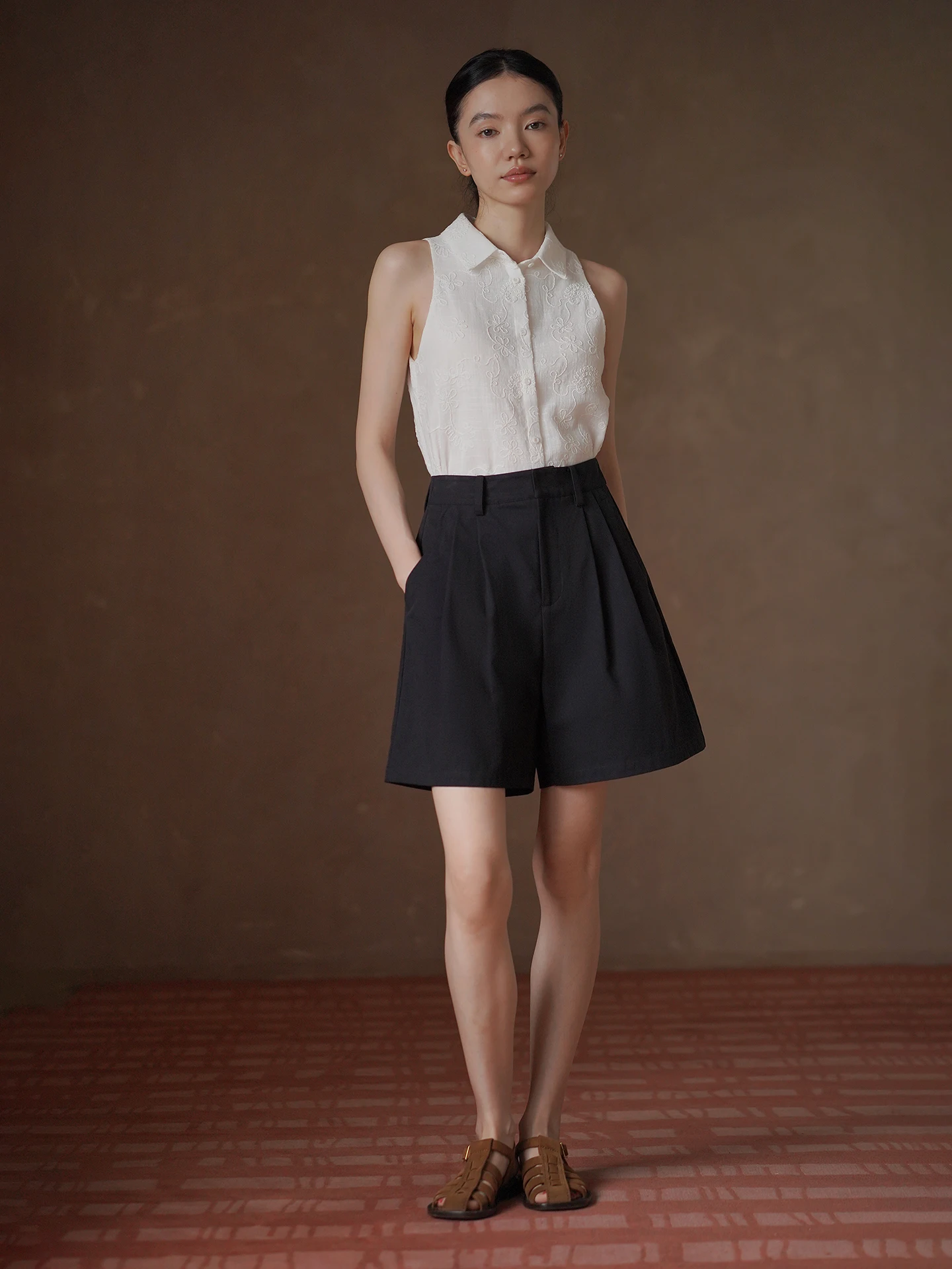Slimming Effect 100% Cotton Embroidered Shirt Collar Sleeveless Women's Shirt Hacikis Straight Tube Top Summer Casual Citywalk