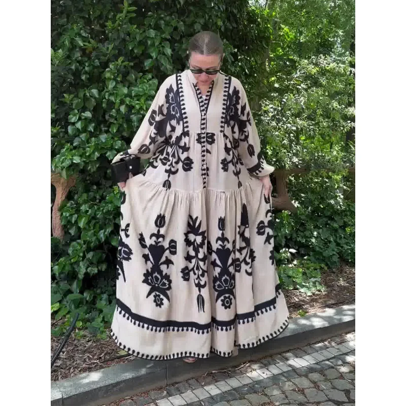 Summer New Long Sleeve Long Dress Casual Women's Pullover Printed Retro Pattern Dress