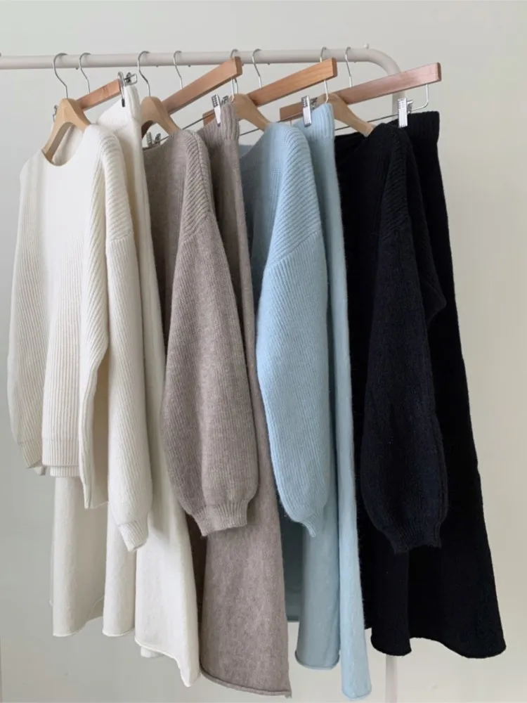 Autumn Winter Chic Knitted Two Piece Set Puff Sleeve Sweater Lazy Oaf Pullover Women Korean Midi Skirt Woman Ladies Sets