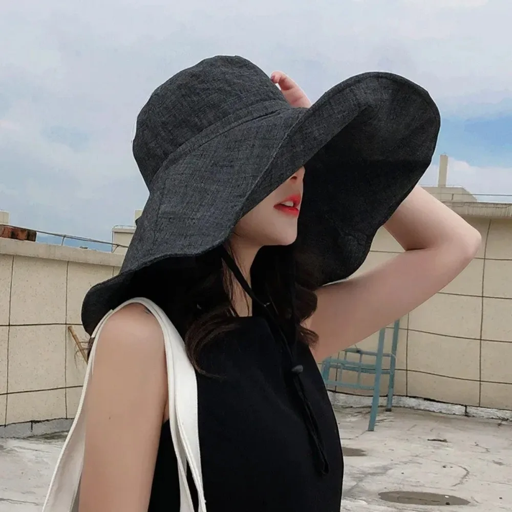 Summer Wide Brim Linen Sun Hats for Women Uv Protection Sunshade Foldable Bucket Hat Beach Outing Hat Gorras Para Mujer Кепка 모자