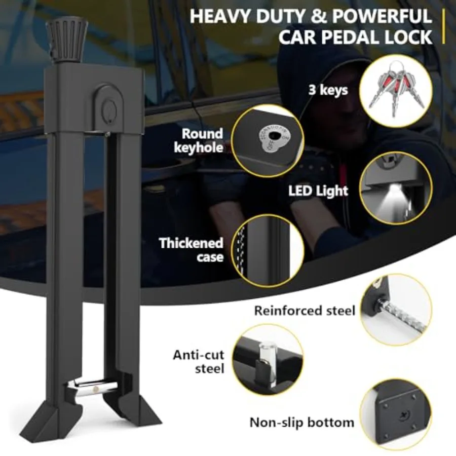 Brake Pedal Lock - Car Anti Theft Device with LED, Steel Black Pedal Lock for SUV/Truck/Van, 3-Second Install Theft Prevention