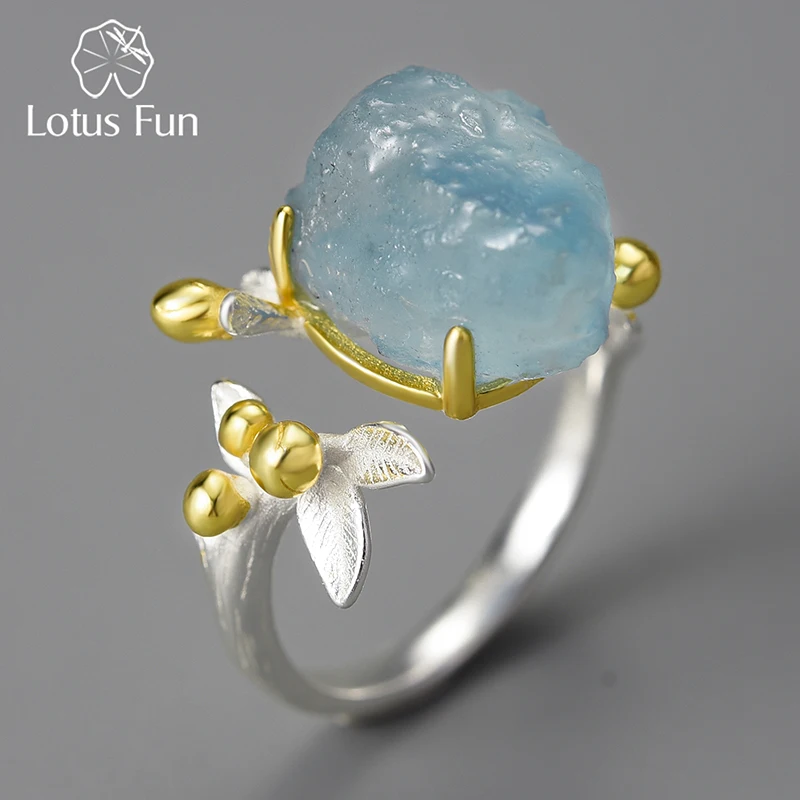 

Lotus Fun 18K Gold Natural Aquamarine Gemstone Flower Adjustable Rings for Women Real 925 Sterling Silver Fine Luxury Jewelry