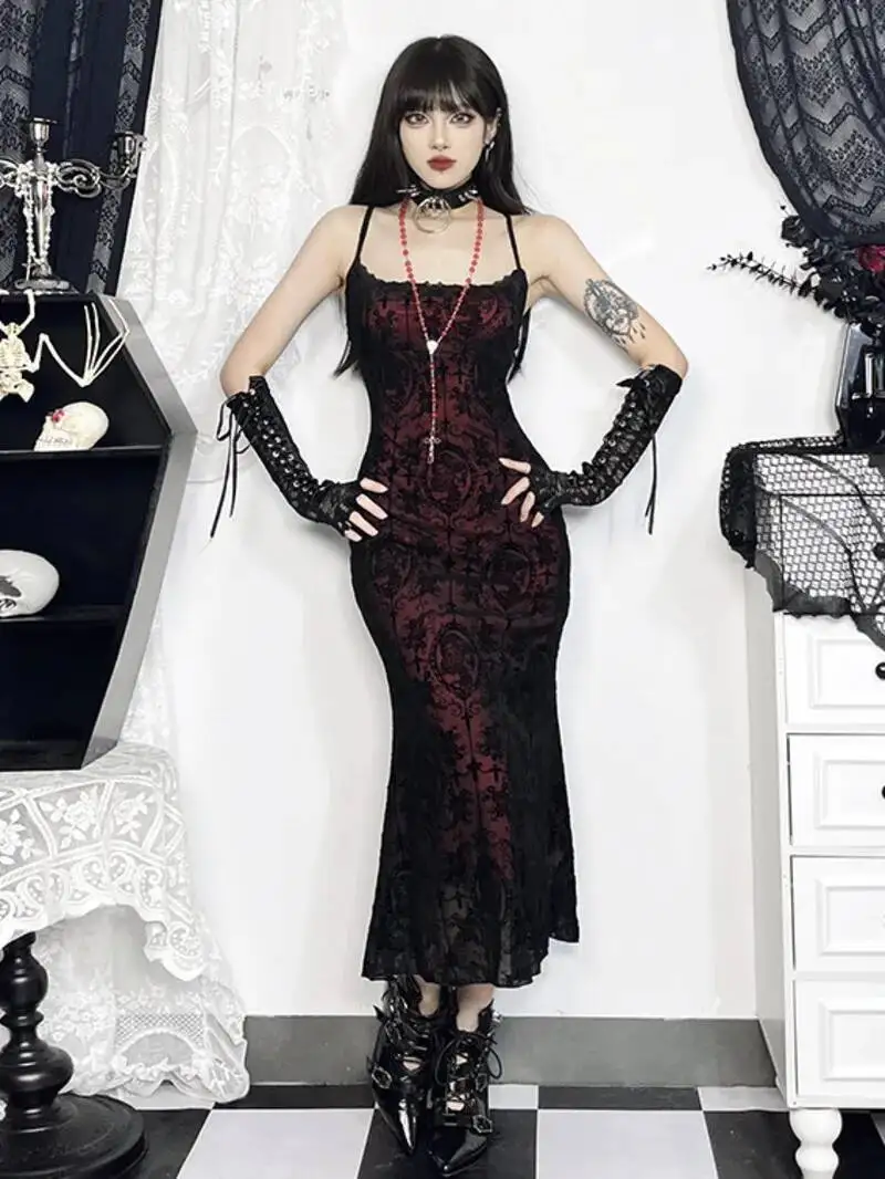 

Готическое сексуальное длинное платье «рыбий хвост» для женщин, новый халат на тонких бретельках, без рукавов, с открытой спиной и рюшами, винтажное платье макси, Vestidos