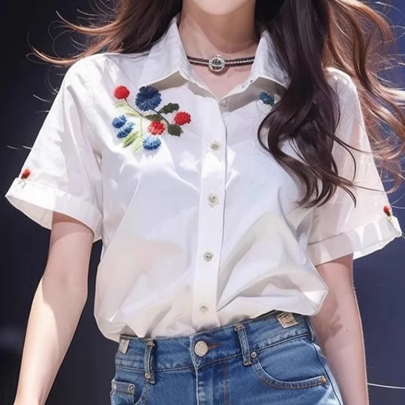 

British Style Short Sleeve White Blouse for Women Aesthetic Flower Embroidery Aesthetic Blouse Turn-down Collar Button Up Tops