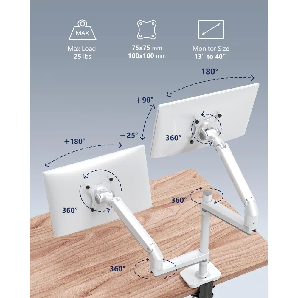 Suporte de display duplo, pode acomodar telas de até 40 polegadas e 25 libras, braços de exibição duplos totalmente ajustáveis