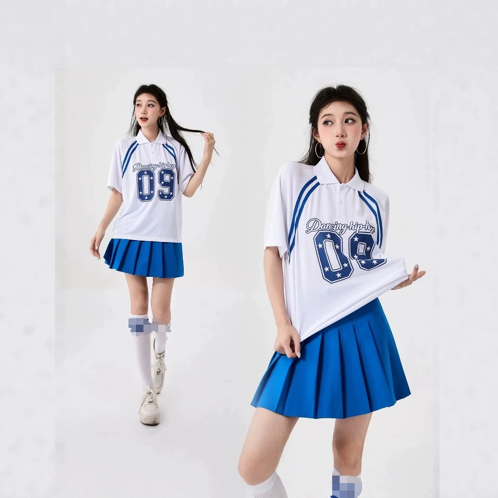 women-cheerleading-school-uniform-set-sporty-number-print-loose-t-shirt-high-waist-pleated-skirtcostume-for-stage-show-cosplay