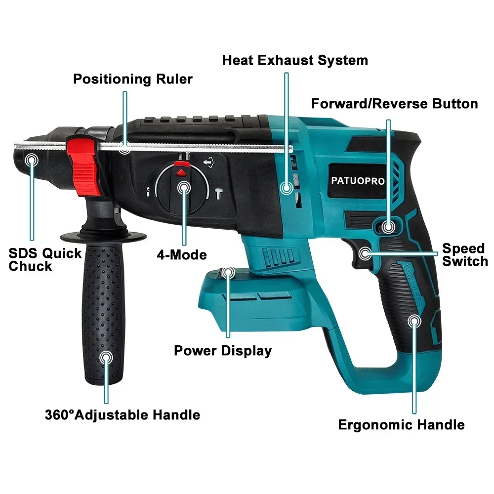 PATUOPRO 26MM Brushless Rotary Hammer Rechargeable Electric Hammer Drill Handheld Power Tools For Makita 18V Battery