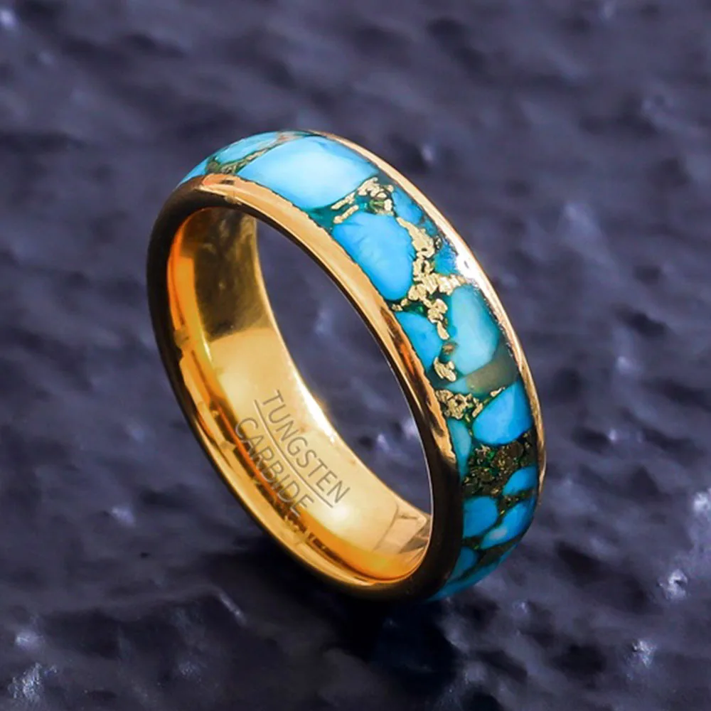 6mm Wide Inlaid Golds Foil Tungsten Steel Ring High-end Turquoise Pattern Men And Women Jewelry Proposal Rings