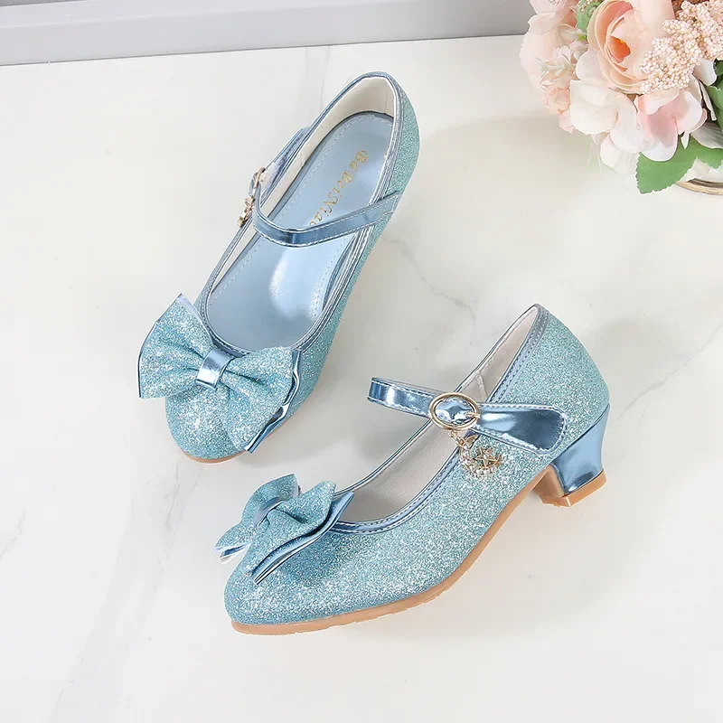 Sweet Kids Leather Shoe Spring Autumn Luxury Girl Shoes Solid Color Sequins Bowtie Children High Heels for Princess Party Causal