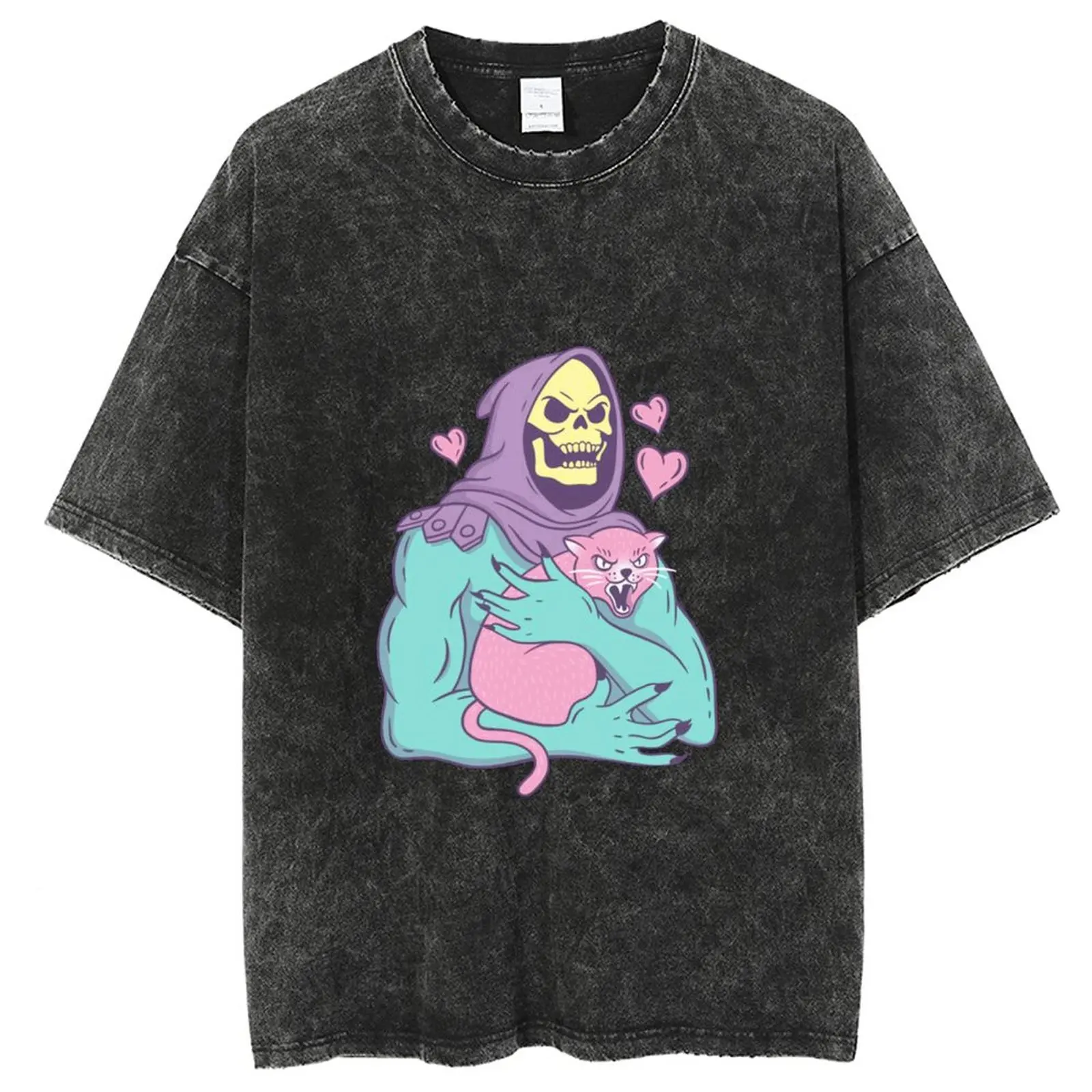 Harajuku Washed T Shirts Unisex, Pussy Skull Man Graphic T Shirt, Y2k Hip Hop T-shirt, Vintage Denim Shirts Oversized Tops Men