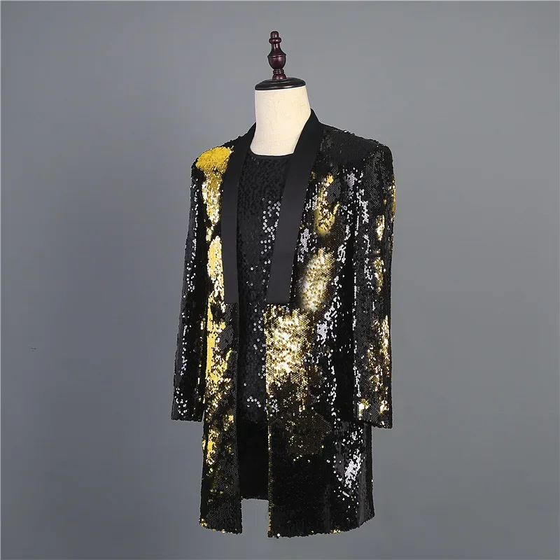 Gold Black Sequin Extra Long Blazer Jacket Men Slim Fit Cardigan Blazers  Party Stage Prom Singer Rock and Roll Costume Homme