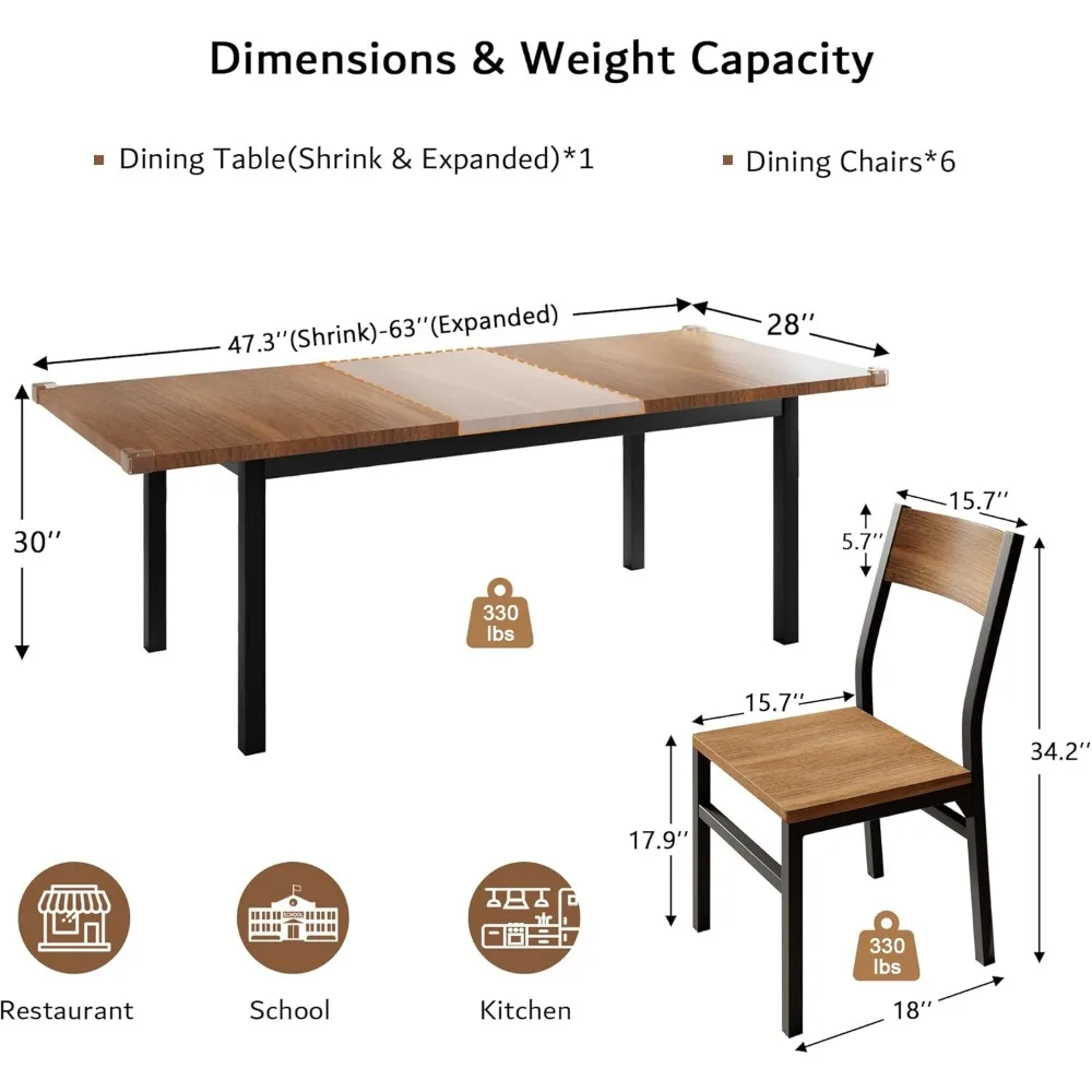 Mesa de comedor extensible con marco de Metal y MDF, Conjunto de 6 sillas, 63 pulgadas, 4 a 6, 7 piezas