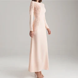 Customized Elegant Tassel Off The Shoulder Satin Evening Dress Temperament Straight Floor Length O-neck Long Sleeves Prom Dress