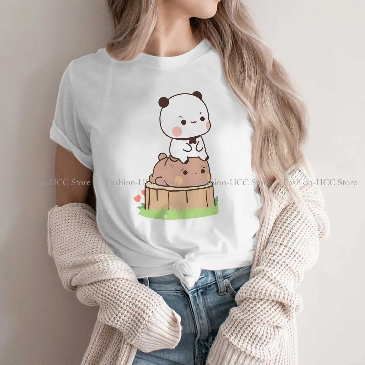 PANDA BEAR HUGS LOVE Newest Polyester TShirts  Female Harajuku Tops T Shirt O Neck