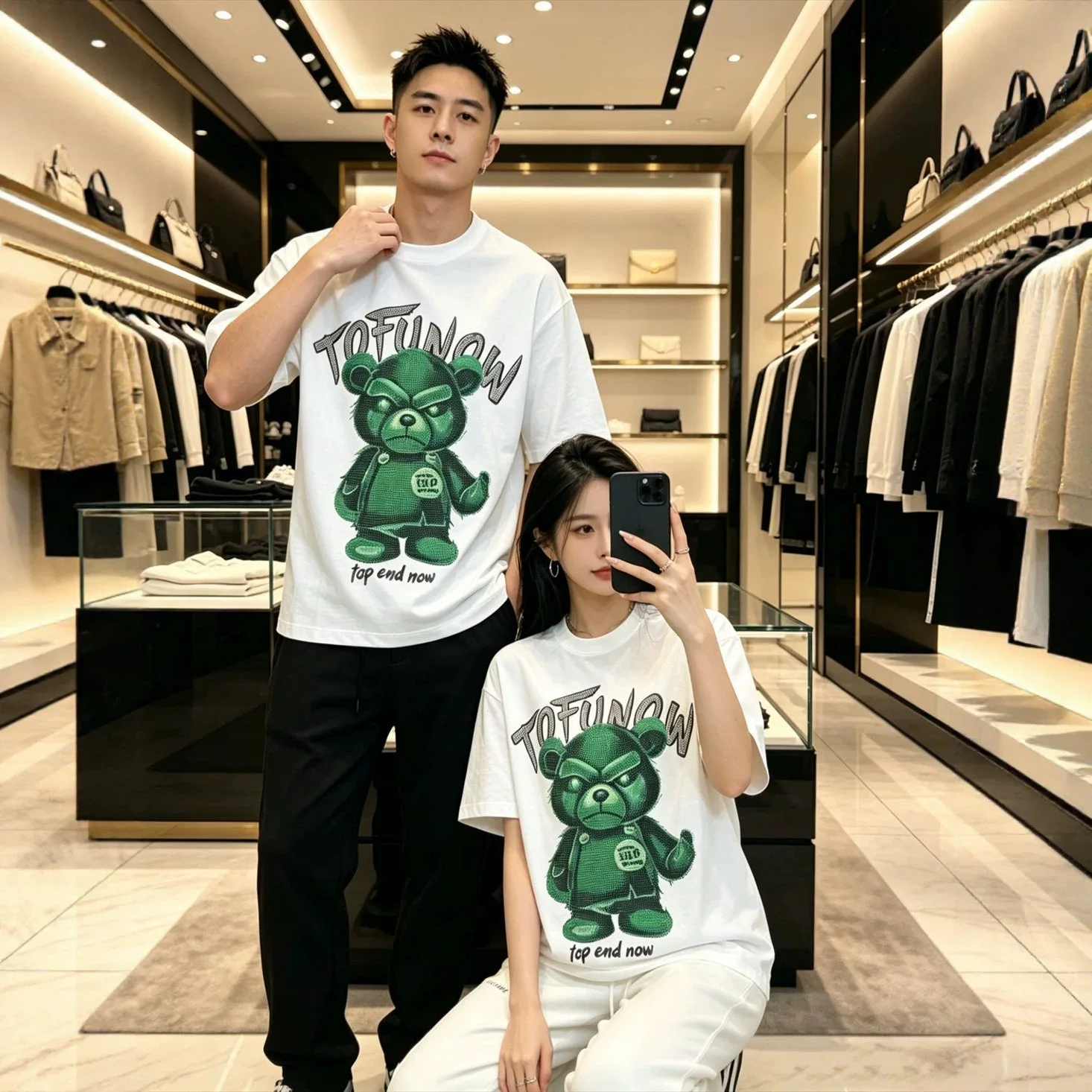 American Street New Spring Summer Plus Size Short Sleeve T-shirt Trendy Green Bear Hot Diamonds Round Neck Casual Top Couple Tee