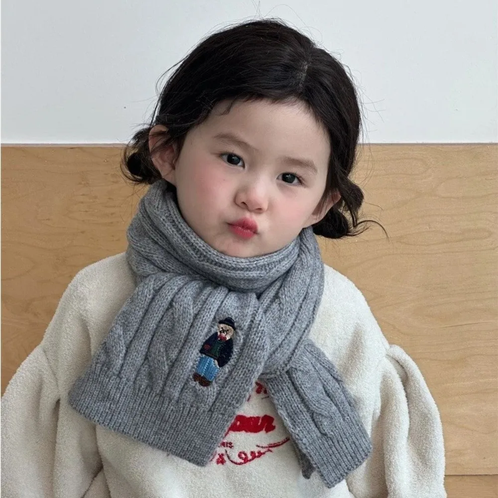 Thicken Children's Knitted Scarf Solid Color Keep Warm Infant Neckwarmers Bear Embroidery Children's Winter Scarf Kids