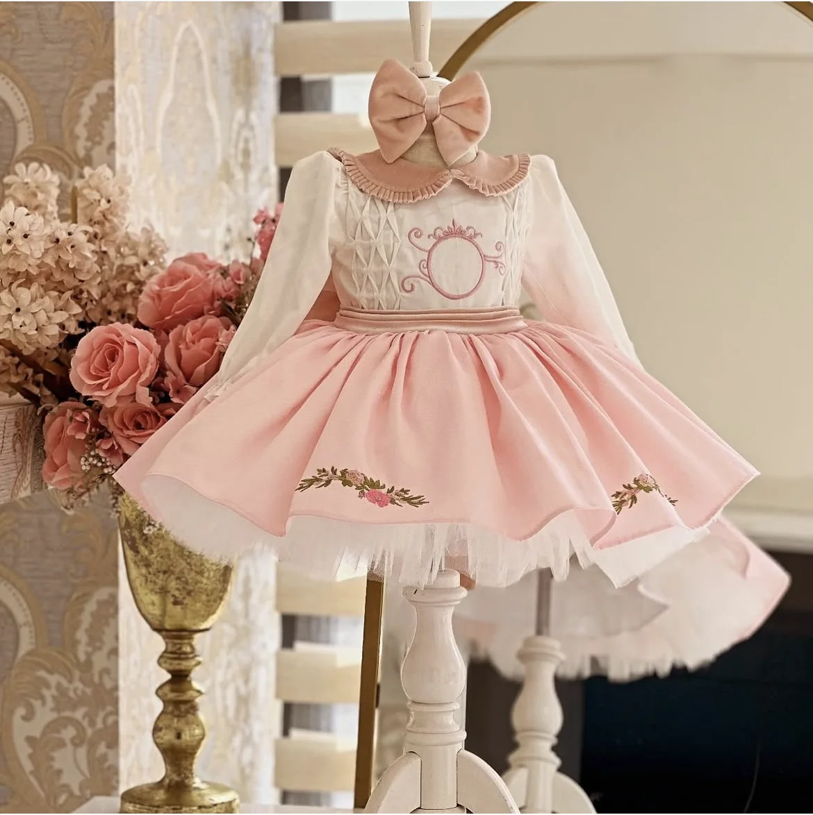 0-12YBaby Girl Autumn Flower Embroidery Turkish Vintage Lolita Princess Ball Gown Pink Dress for Birthday Holiday Casual Eid C30