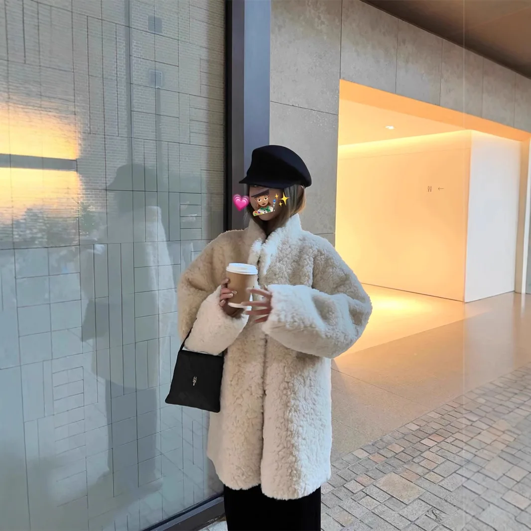 

Lamb Wool Coat Women Jackets Stand Collar Single Breasted Mid Length Overcoat Thick Warm Autumn Winter 2025 Outerwear Streetwear