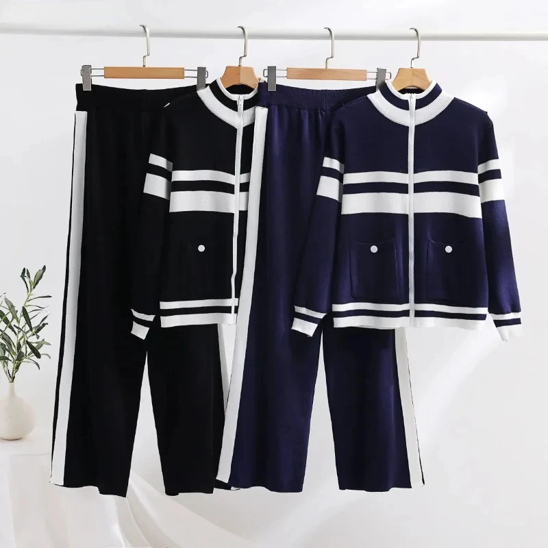 

New Striped Knitted Two Piece Set for Women Casual Long Sleeve Zippper Cardigan Jacket + Wide Leg Pants Sets Women's Tracksuit