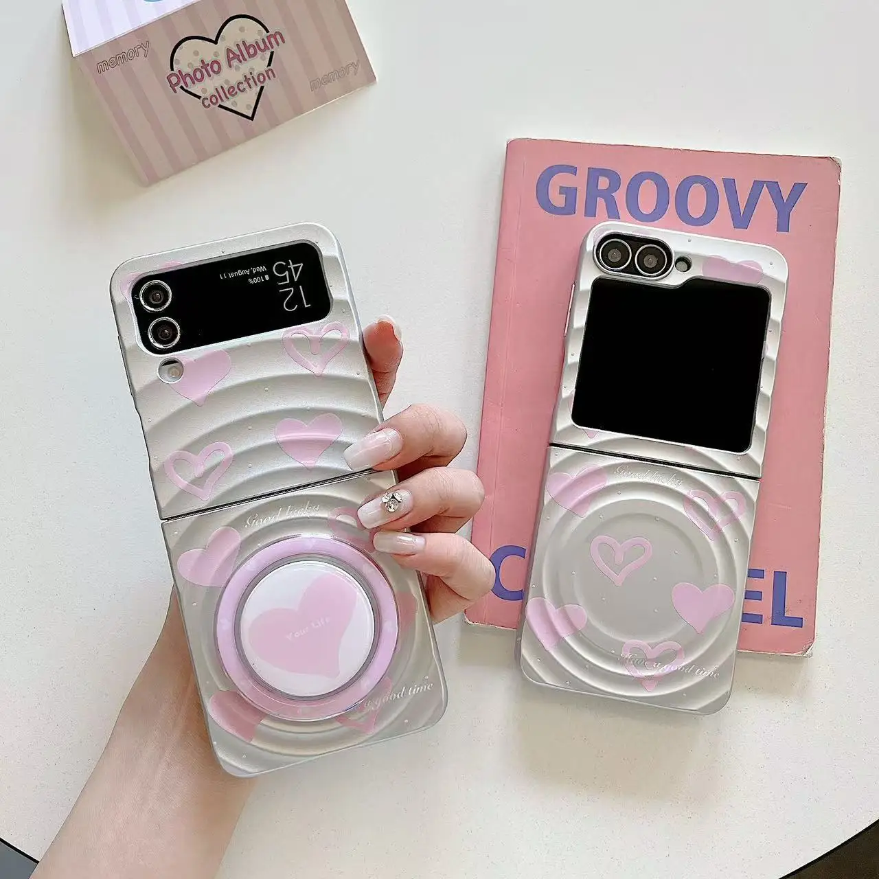 

Silver Ripple Pink Heart Phone Case For Samsung Galaxy Z Flip 7 6 5 4 Protective Back Cover For ZFlip5 ZFlip6 ZFlip7 Case Shell