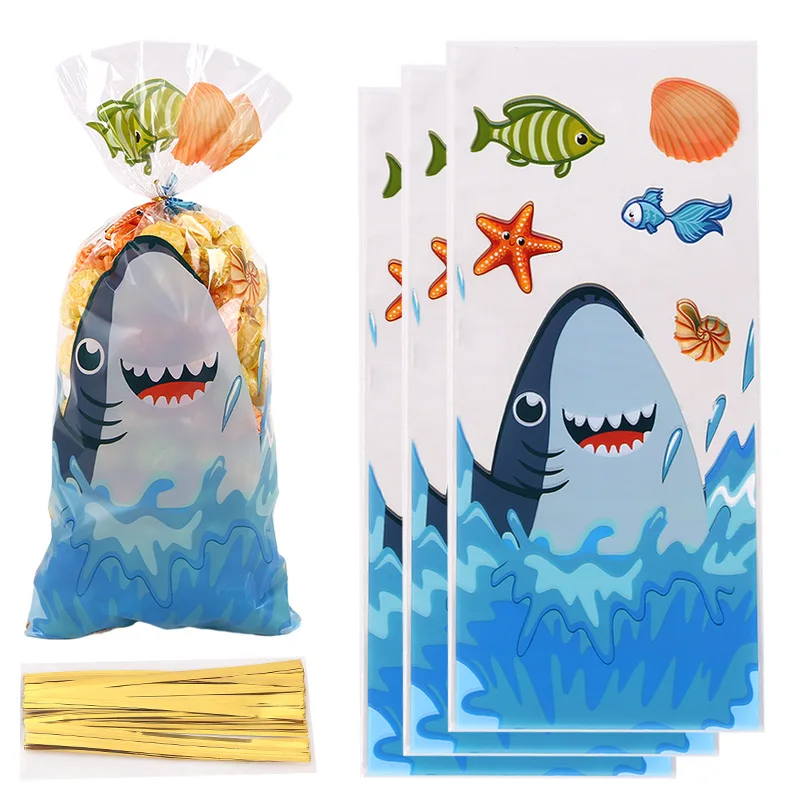 50pcs Cute Cartoon Shark Head Transparent Opp Bag, Ocean Animals Printed Gift Candy Packaging Strip Flat Bags With Gold Ribbon
