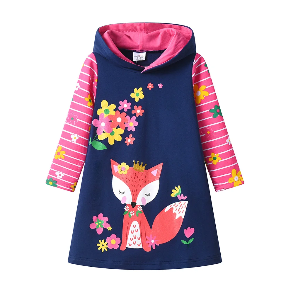 Vikita Mädchen Kapuzen kleid Kinder Herbst Winter Langarm dickes Kleid Mädchen Eichhörnchen Blume Baumwolle lässig Hoodies Kleider 3-12 y – Detail 2