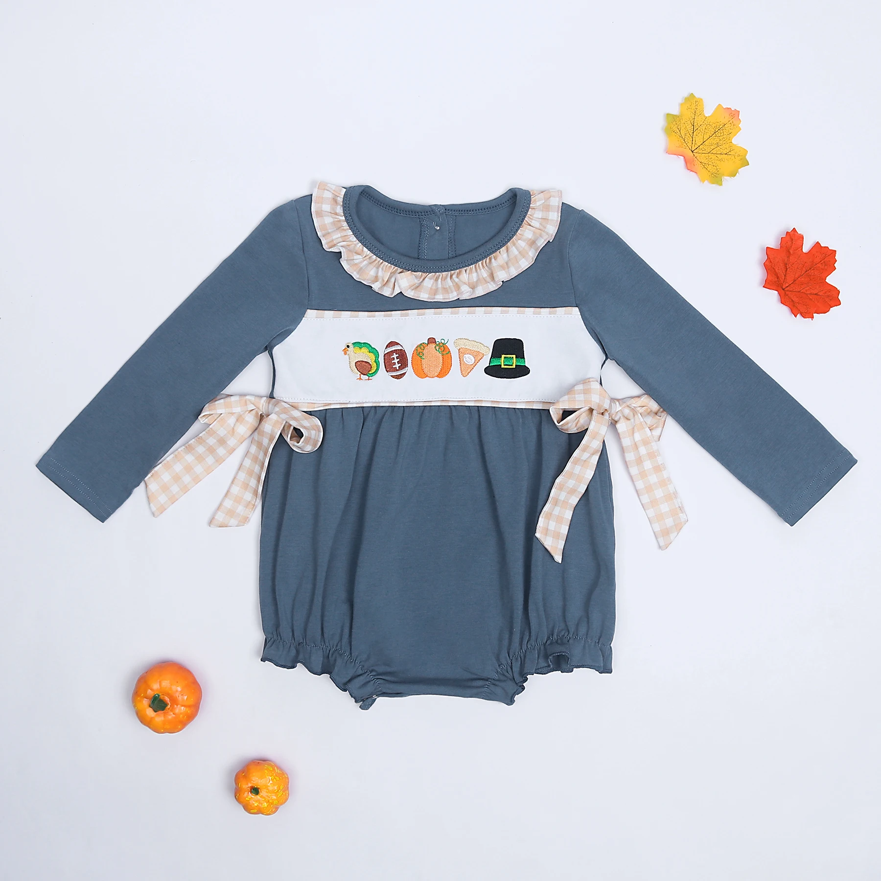 Baby New Cotton Long Sleeve T-shirt Set Round Neck Thanksgiving Turkey Embroidery Boy Blue Top Clothes And Orange Lattice Pants