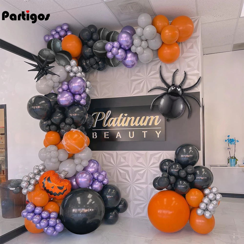 

142pcs Spider Pumpkin Balloons Garland Arch Kit Droplet Shaped Foil Balloon Birthday Party Baby Shower Halloween Decor Globos