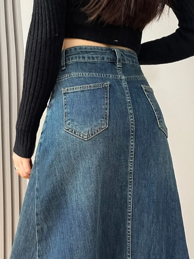 

Весенняя синяя джинсовая асимметричная юбка с высокой талией, женская модная свободная утягивающая юбка-миди трапециевидной формы, корейский слэ