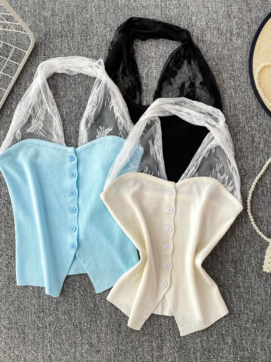 توب نسائي صيفي مثير بتصميم دانتيل وظهر مكشوف، مصنوع من الحرير الصناعي المحبوك #1