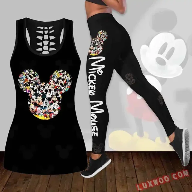 Setelan pakaian Yoga + rompi berongga wanita, pakaian luar Tank Top Legging olahraga Mickey Mouse baru