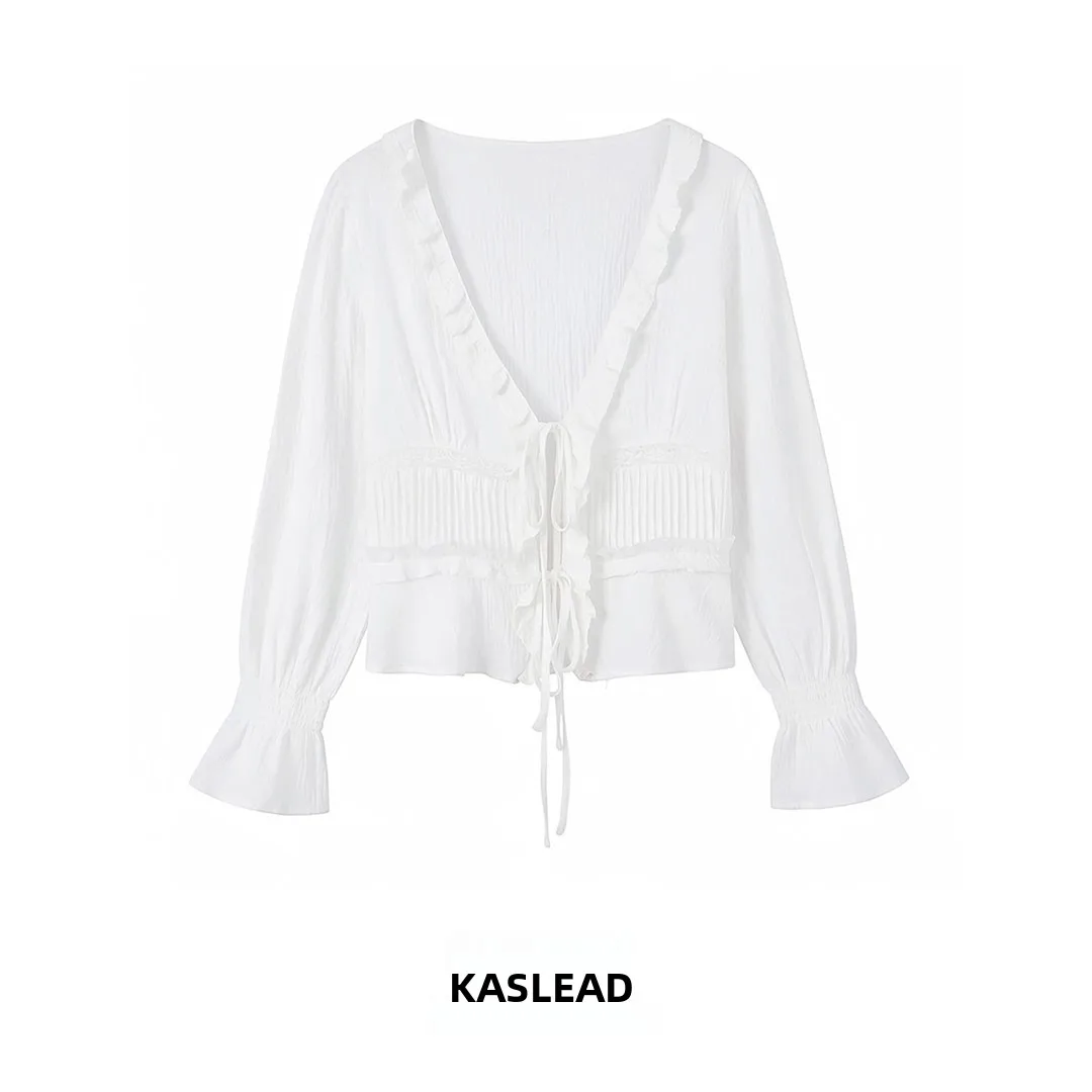 

KASLEAD New Women's Long Sleeve V-neck Lace Trim Patchwork Layered Decorative Belted Shirt European Style Loose Fit Polyester...