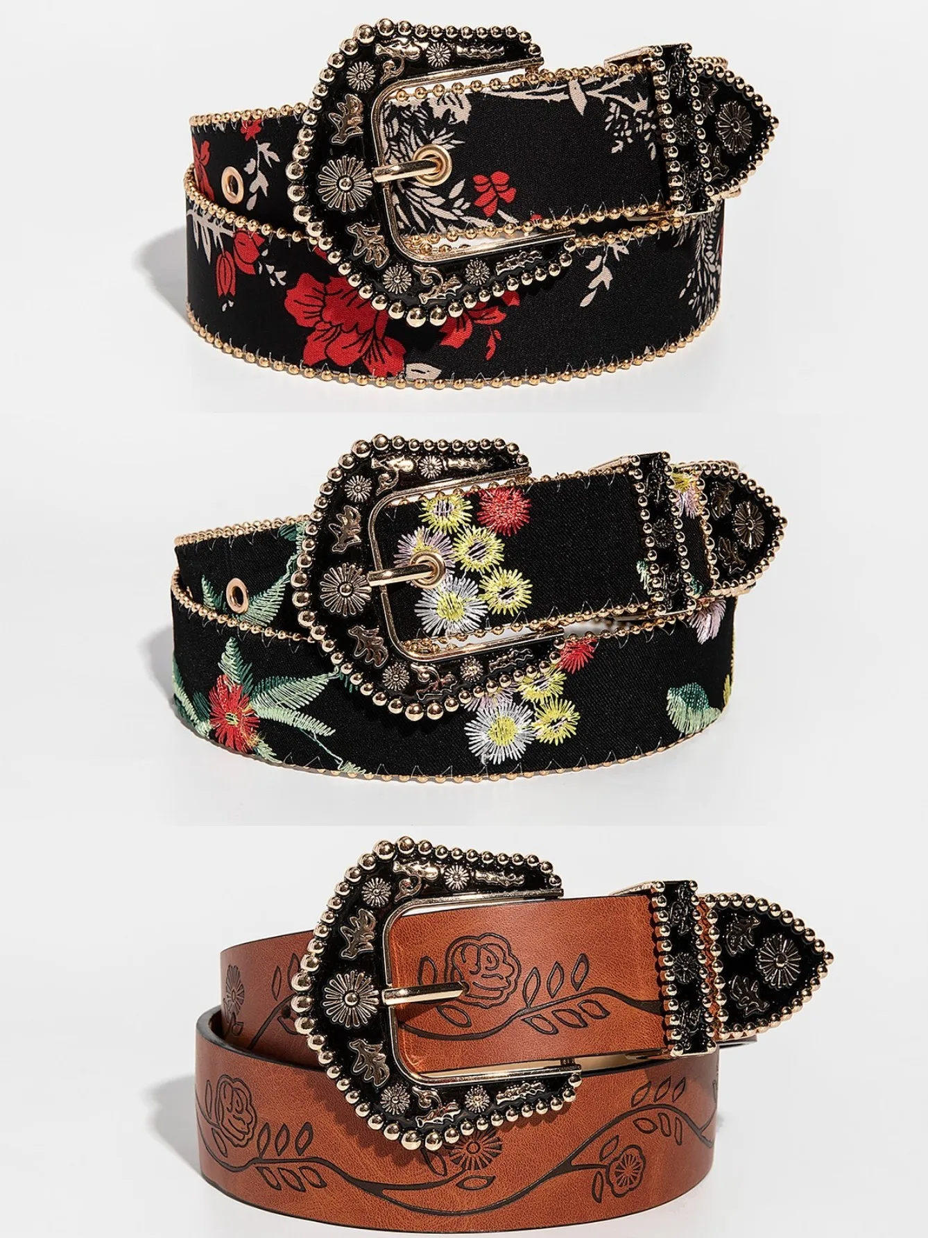 Women\'s Retro Western Black Flower Pattern Engraved Metal Color Random Irregular Flower Embroidery Embossed Engraved Belt Jeans