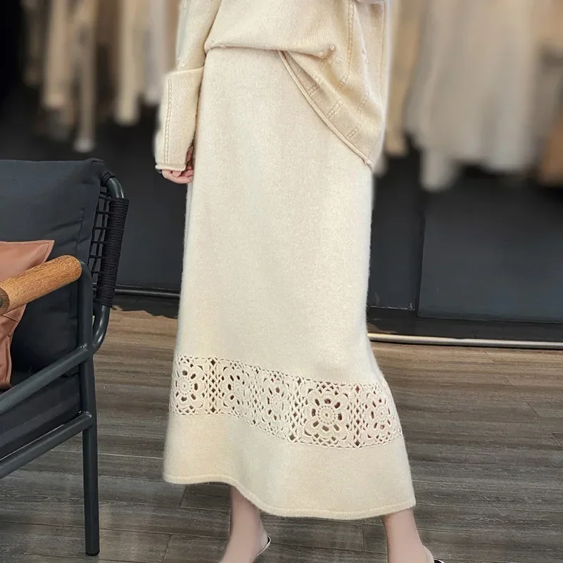 M-XXL Autumn and Winter New 100% Wool Half Skirt Women\'s Solid Color Knitted Fashion High Grade Long Women\'s Cashmere Half Skirt