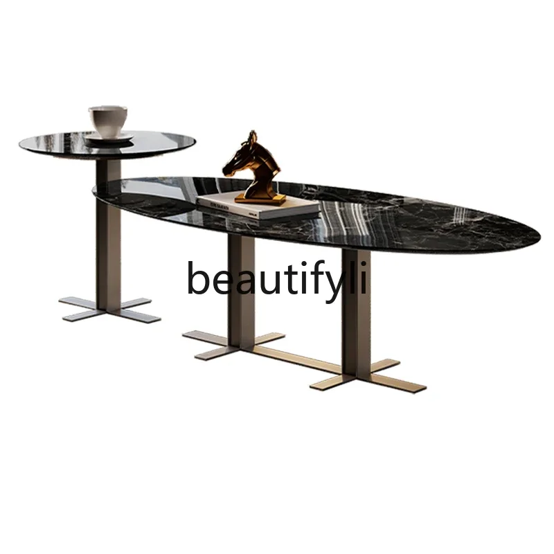 

Marble surface coffee table stainless steel size round combination high sense