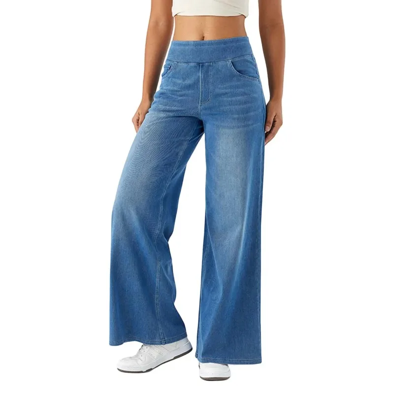 Pop mulheres baggy jeans streetwear cintura alta perna larga calças jeans retro cintura elástica azul solto calças femininas 2025