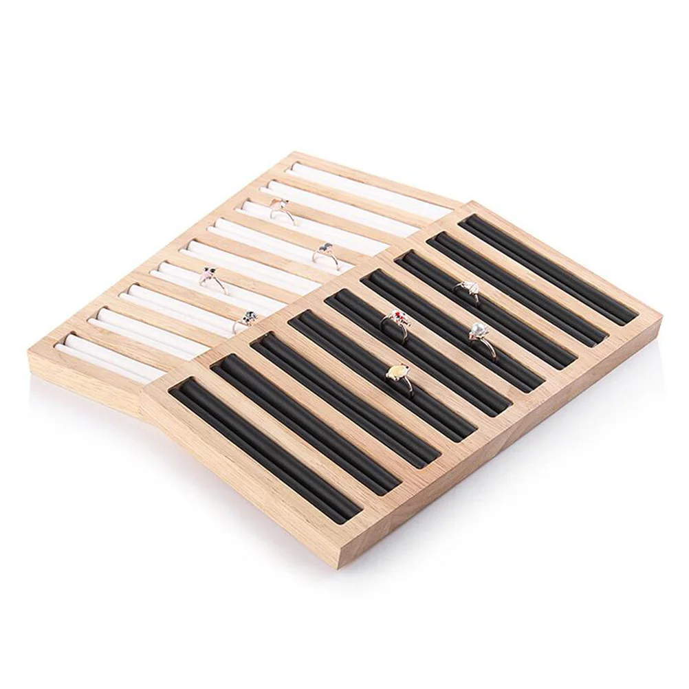 

Bamboo Wood Ring Display Tray White Stylish PU Rings Showcase Organizer Jewelry Holder for Home Store Display