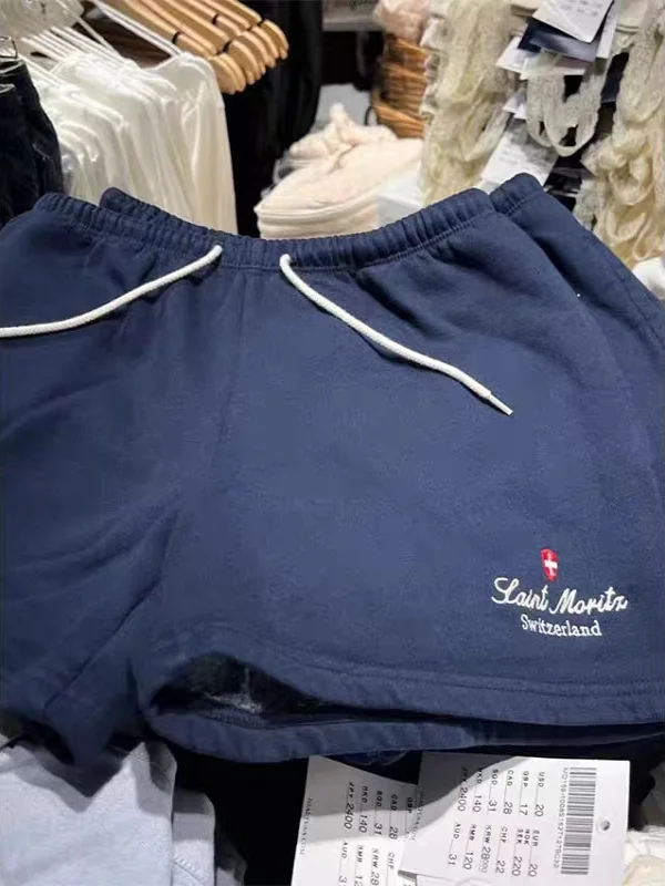 캐주얼 스트레이트 레그 팬츠 자수 아메리칸 레터링 블루 반바지 여성용 하이 웨이스트 코튼 바지 통근 스타일