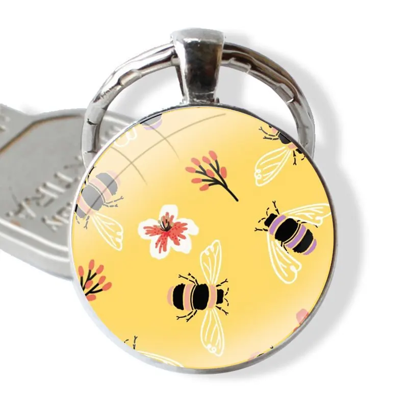 Fashion Cartoon Creative Design Keychain Handmade Glass Cabochon Key Ring Holder Pendant Key Chains honeycomb bee