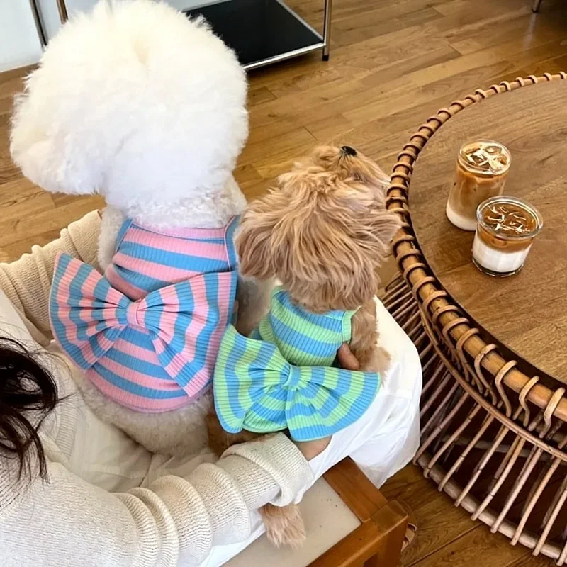 

Pet Striped Shirt Vest Big Bow Teddy Suspenders Green Dog Clothes Thin Pet Vest Bichon Frise Cool Breathable Two Legs Clothes