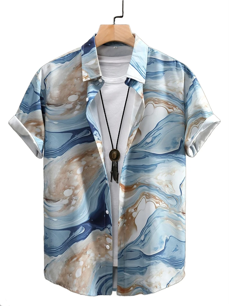 

Hawaii Funny Blue Texture Print Beach Shirt Summer Casual Men's Short-Sleeved Button Shirt Beach Tees Coconut Trees Men's Shirt