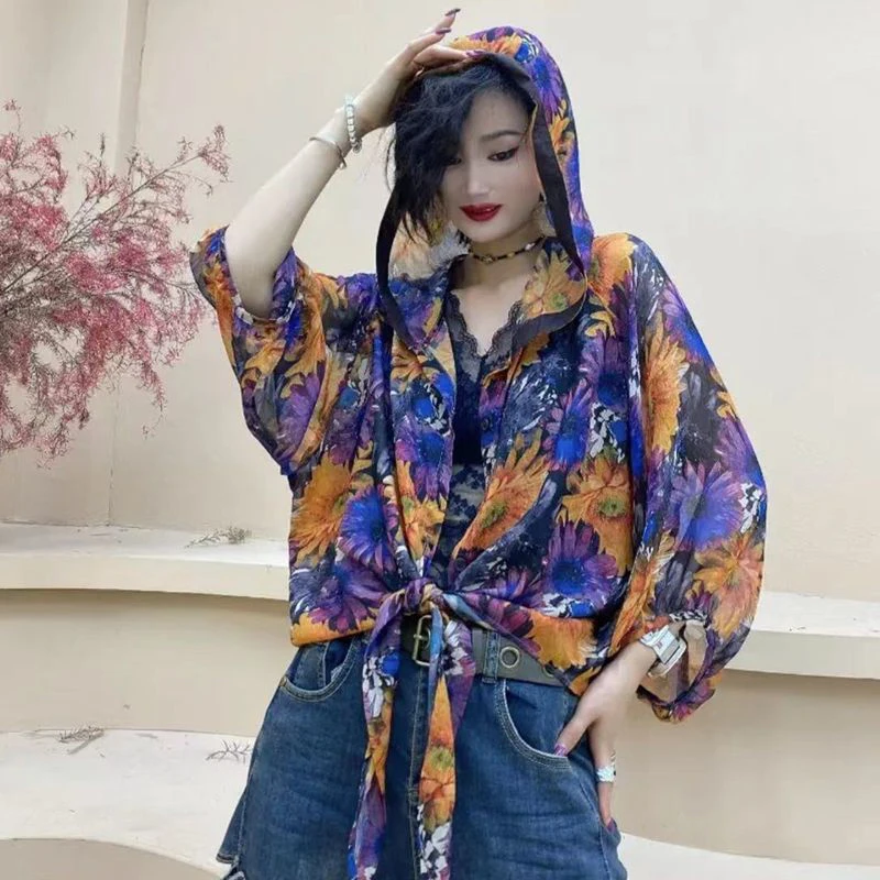 Summer Fashion Casual Floral Printed Chiffon Shirt Ladies Long Sleeve Hooded Single Breasted Top Women Sunscreen Cardigan Blouse